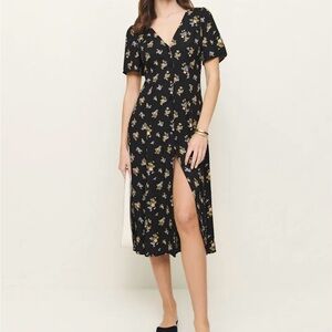 Reformation Black and Yellow Floral Midi Dress